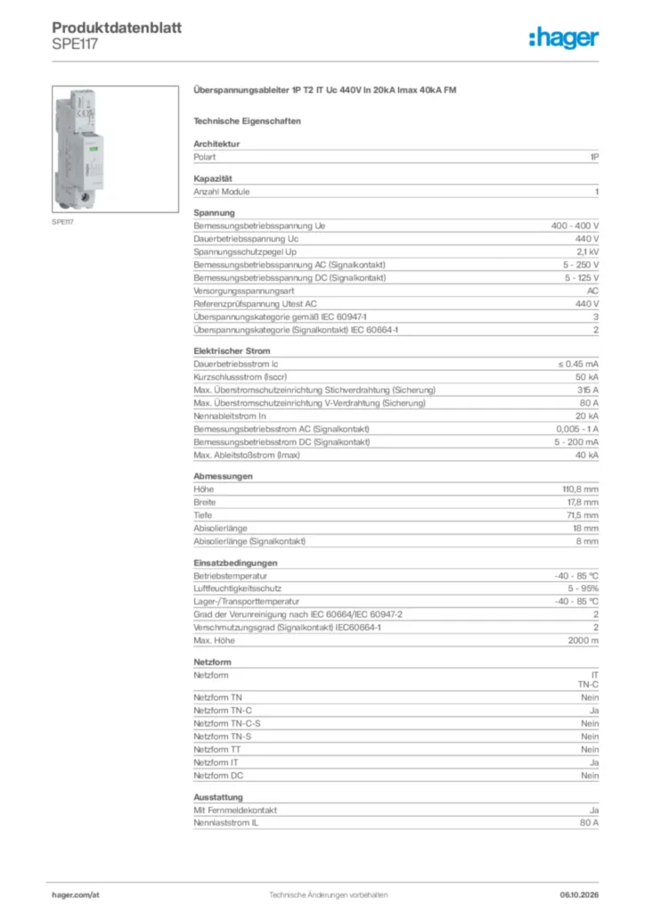 Bild Hager Produktdatenblatt SPE117 | Hager Deutschland