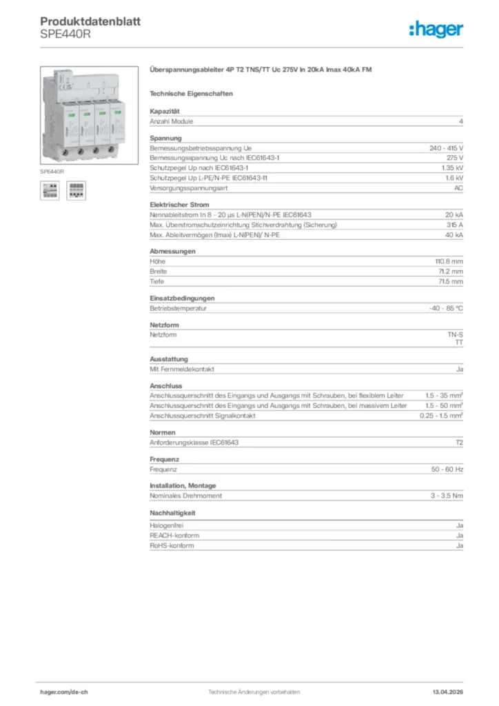 Bild Hager Produktdatenblatt SPE440R | Hager Schweiz
