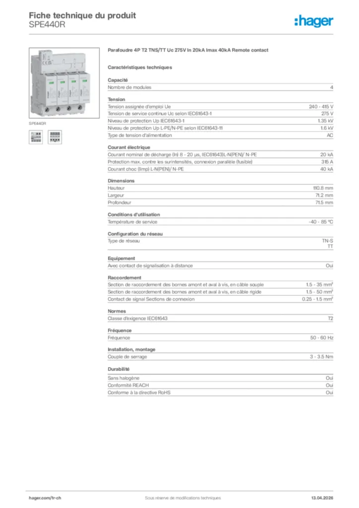 Image Hager Fiche technique du produit SPE440R | Hager Suisse