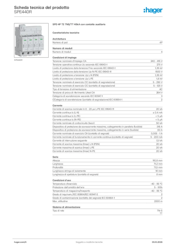 Immagine Hager Scheda tecnica del prodotto SPE440R | Hager Italia