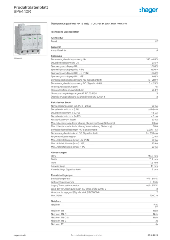 Bild Hager Produktdatenblatt SPE440R | Hager Deutschland