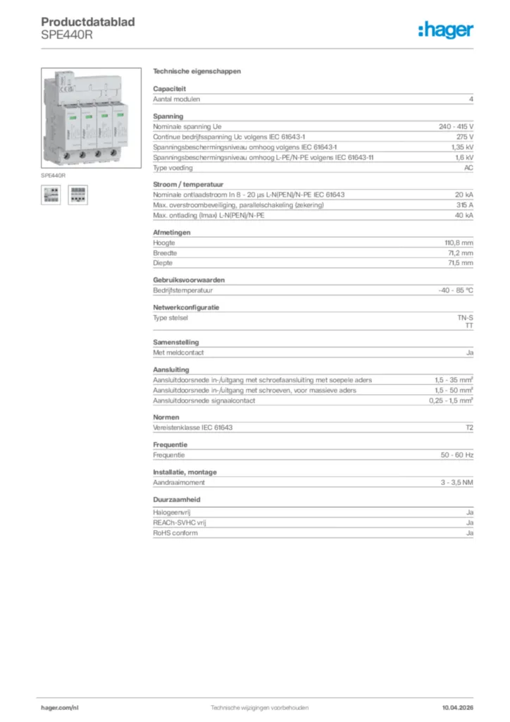 Afbeelding Hager Productdatablad SPE440R | Hager Nederland