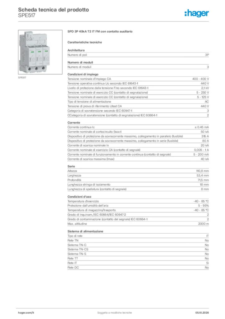 Immagine Hager Scheda tecnica del prodotto SPE517 | Hager Italia