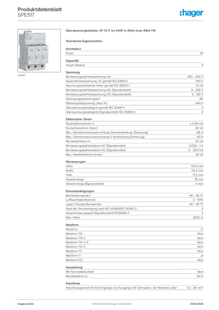Bild Hager Produktdatenblatt SPE517 | Hager Deutschland