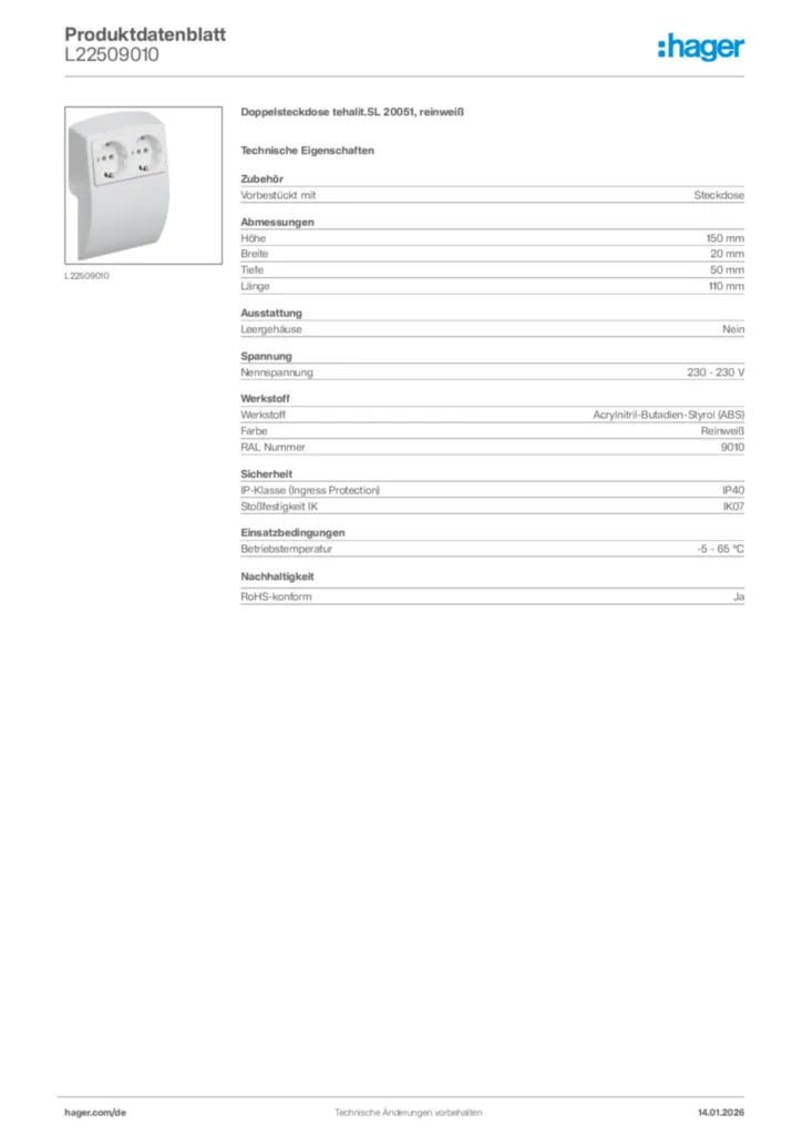 Bild Hager Produktdatenblatt L22509010 | Hager Deutschland