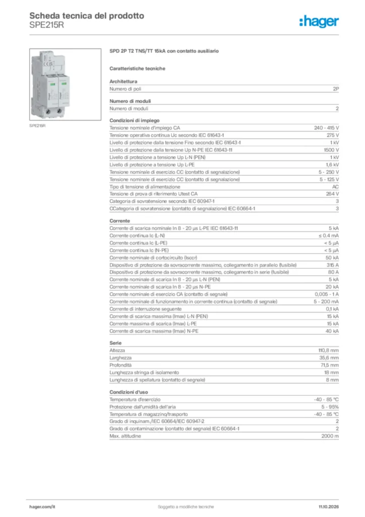 Immagine Hager Scheda tecnica del prodotto SPE215R | Hager Italia