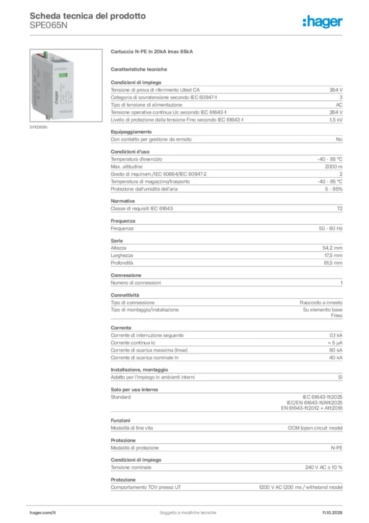 Immagine Hager Scheda tecnica del prodotto SPE065N | Hager Italia
