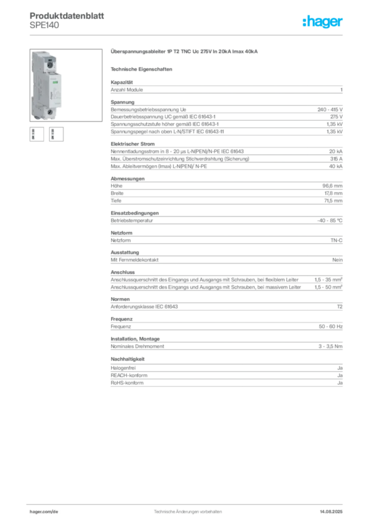 Bild Hager Produktdatenblatt SPE140 | Hager Deutschland