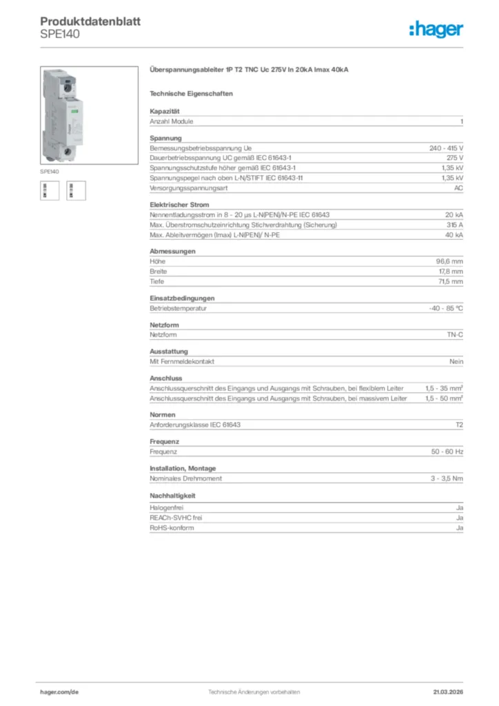 Bild Hager Produktdatenblatt SPE140 | Hager Deutschland