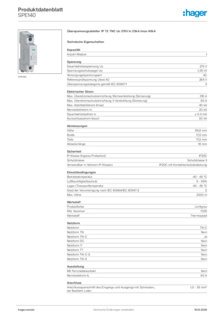 Bild Hager Produktdatenblatt SPE140 | Hager Deutschland