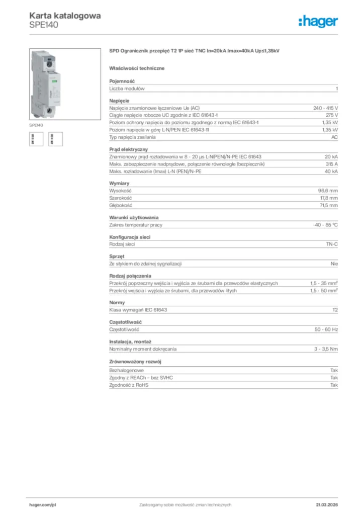 Zdjęcie Hager Karta katalogowa SPE140 | Hager Polska