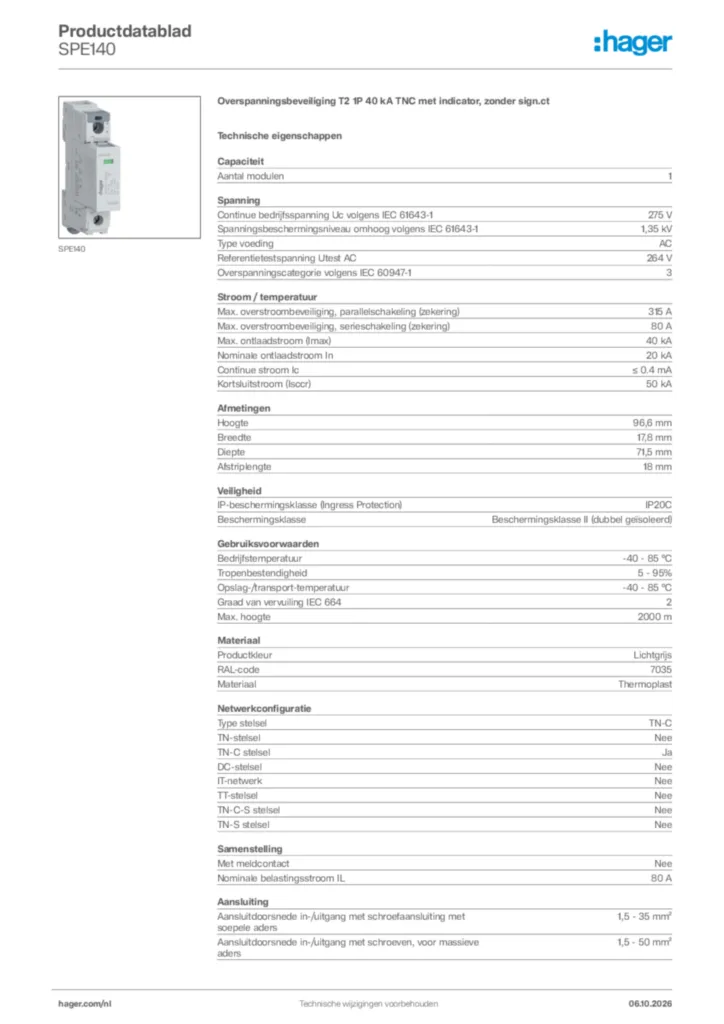 Afbeelding Hager Productdatablad SPE140 | Hager Nederland