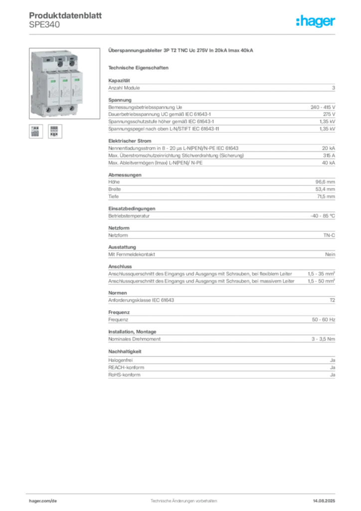 Hager Produktdatenblatt SPE340