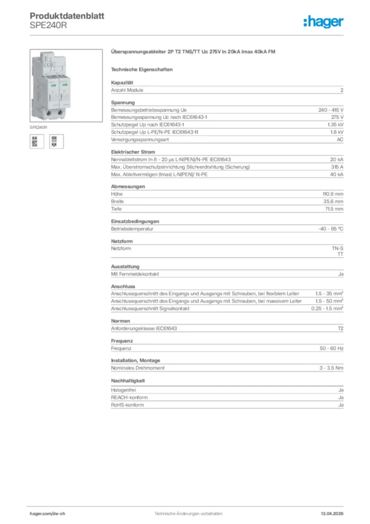 Bild Hager Produktdatenblatt SPE240R | Hager Schweiz