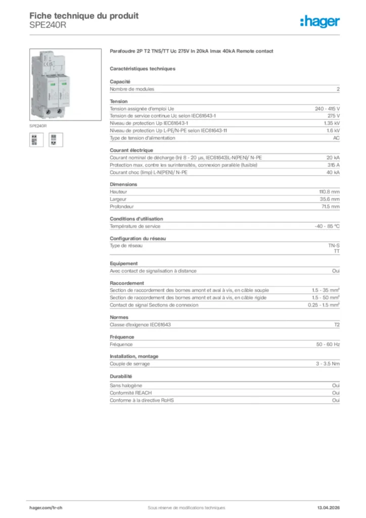 Image Hager Fiche technique du produit SPE240R | Hager Suisse