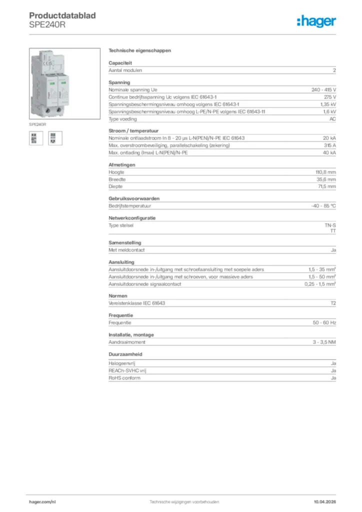 Afbeelding Hager Productdatablad SPE240R | Hager Nederland