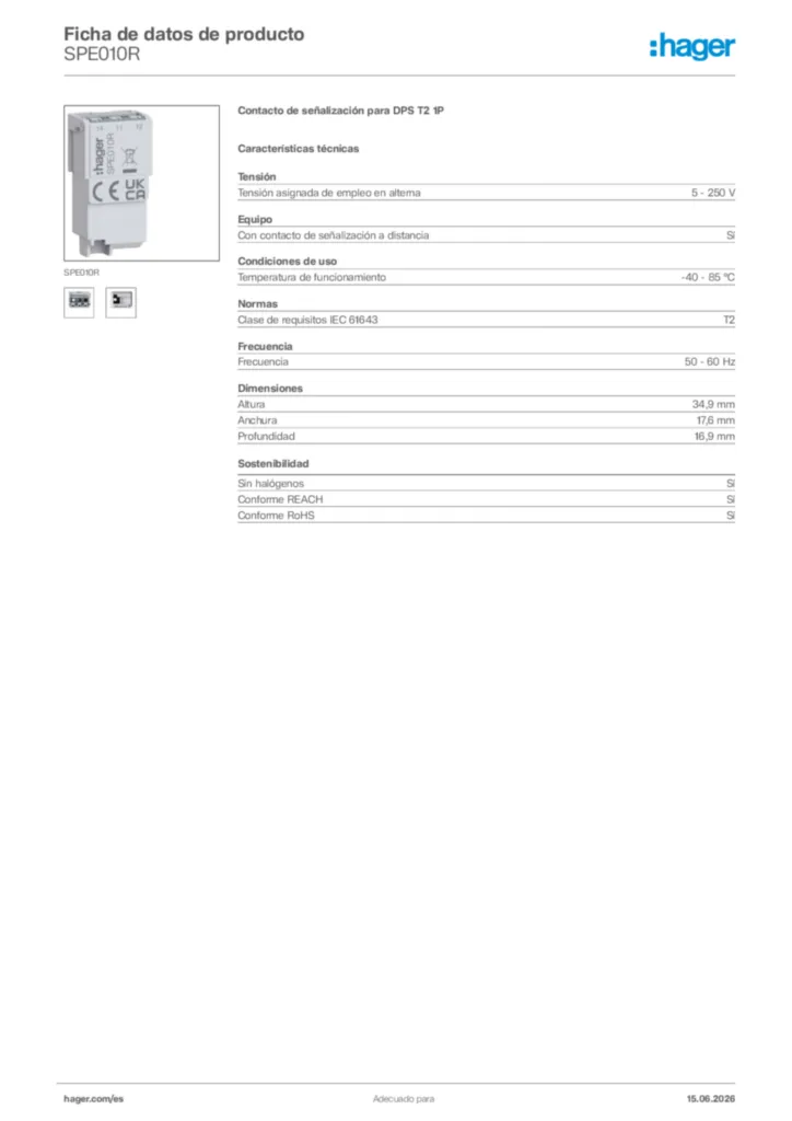 Imagen Hager Ficha de datos de producto SPE010R | Hager España
