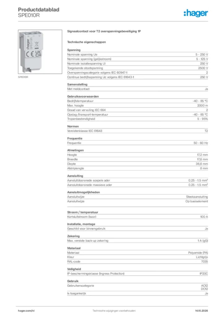 Afbeelding Hager Productdatablad SPE010R | Hager Nederland