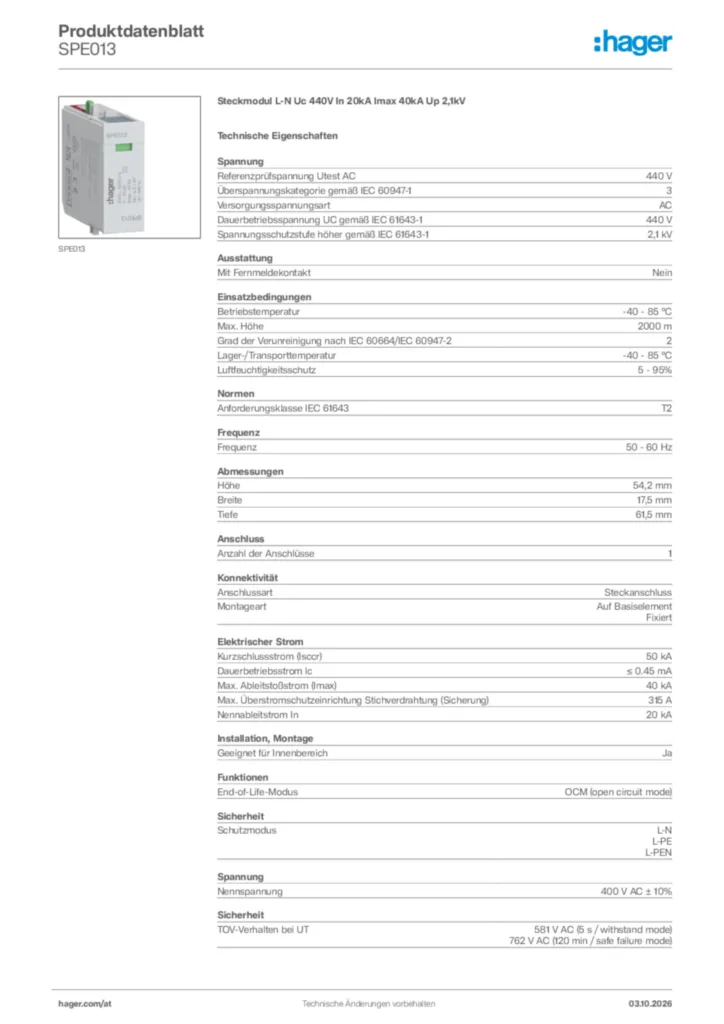 Bild Hager Produktdatenblatt SPE013 | Hager Deutschland