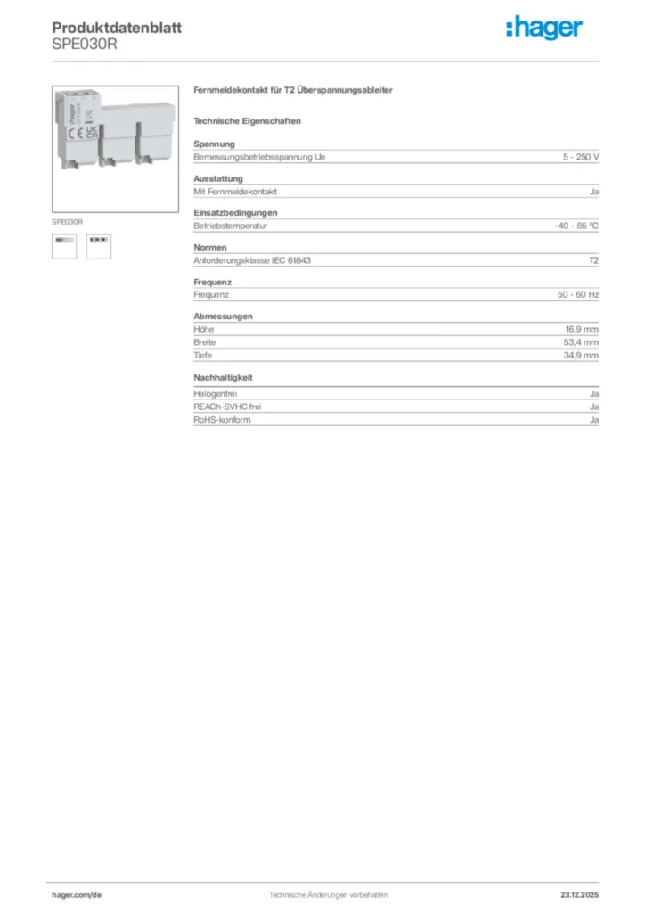 Bild Hager Produktdatenblatt SPE030R | Hager Deutschland