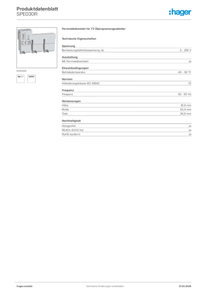 Bild Hager Produktdatenblatt SPE030R | Hager Deutschland