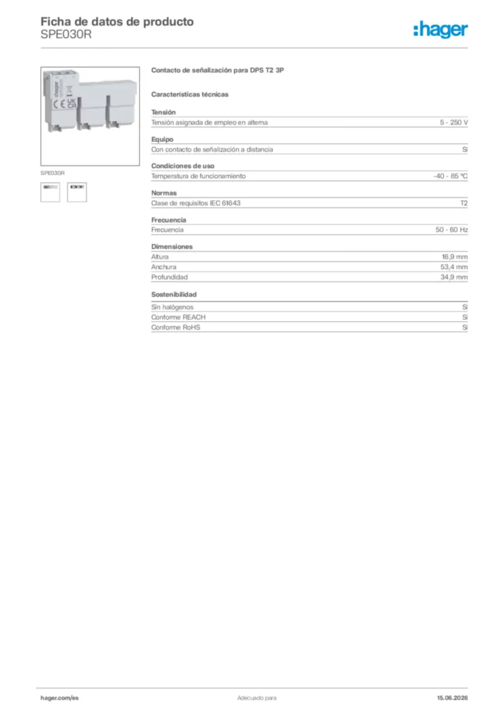Imagen Hager Ficha de datos de producto SPE030R | Hager España