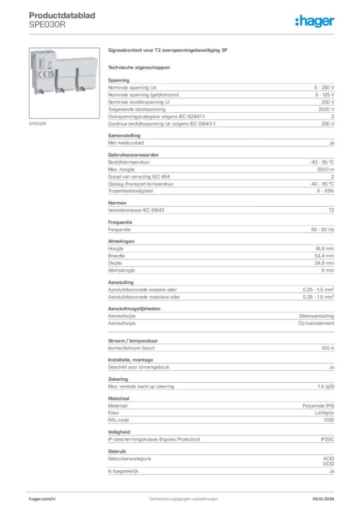 Afbeelding Hager Productdatablad SPE030R | Hager Nederland