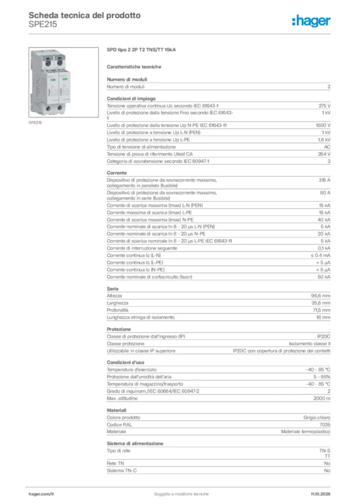 Immagine Hager Scheda tecnica del prodotto SPE215 | Hager Italia