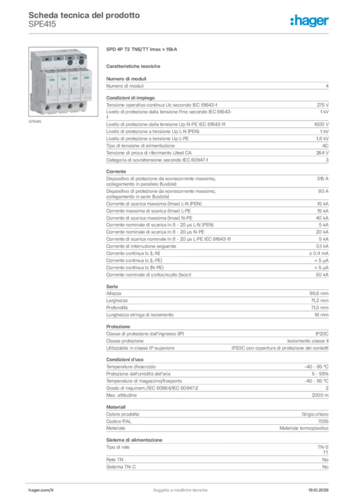 Immagine Hager Scheda tecnica del prodotto SPE415 | Hager Italia