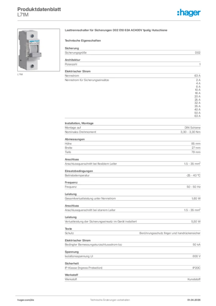Bild Hager Produktdatenblatt L71M | Hager Deutschland