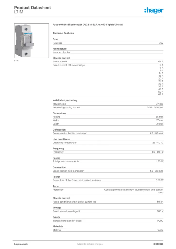Image Hager Product data sheet L71M  | Hager