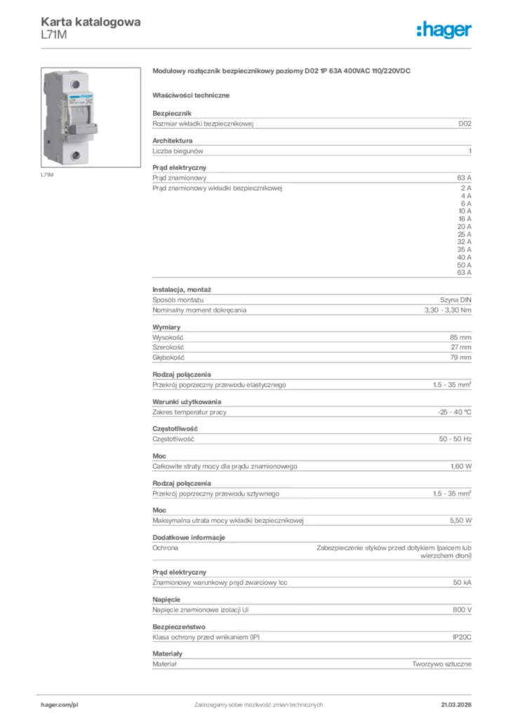 Zdjęcie Hager Karta katalogowa L71M | Hager Polska