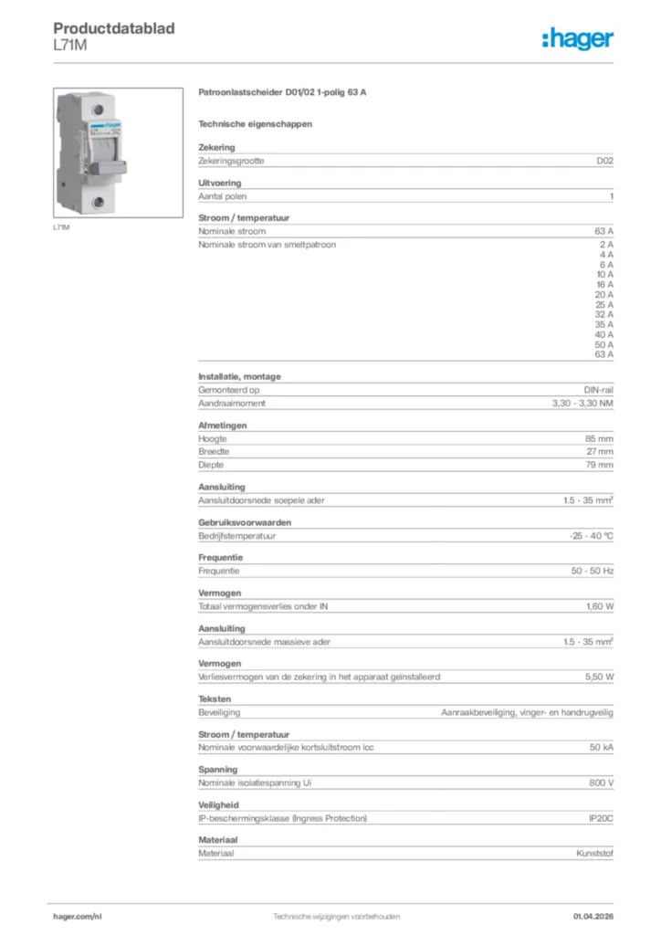 Afbeelding Hager Productdatablad L71M | Hager Nederland