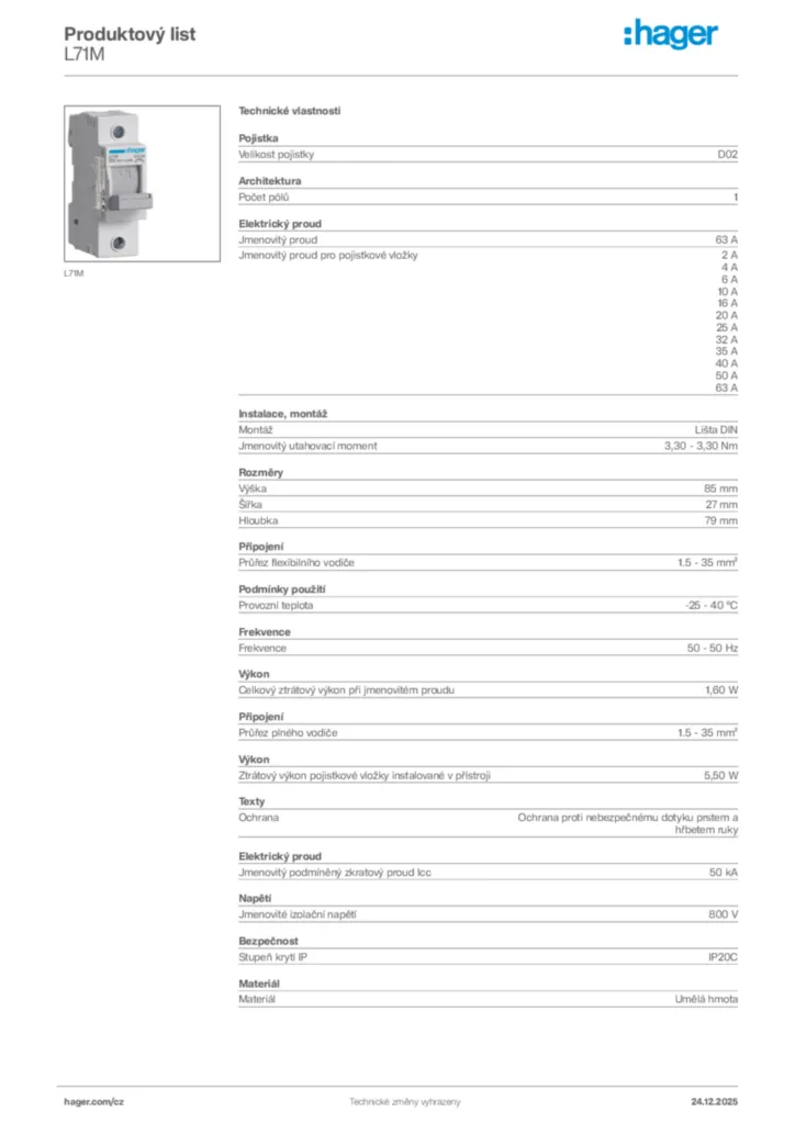 Obrázek Hager Product data sheet L71M | Hager