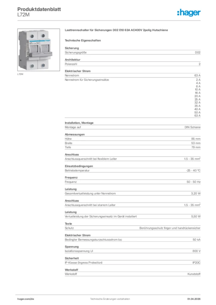Bild Hager Produktdatenblatt L72M | Hager Deutschland