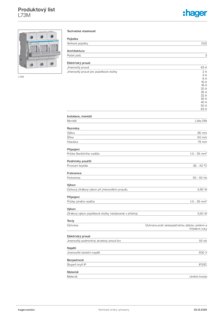 Obrázek Hager Product data sheet L73M | Hager