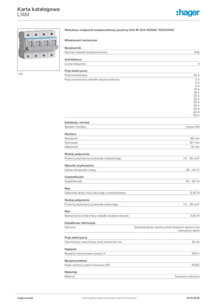 Zdjęcie Hager Karta katalogowa L74M | Hager Polska