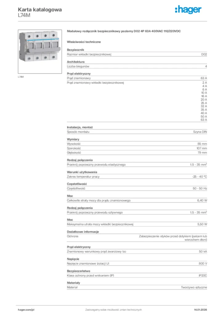 Zdjęcie Hager Karta katalogowa L74M | Hager Polska