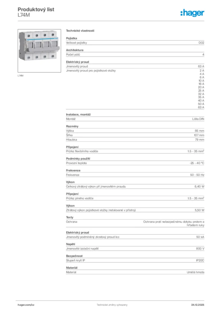 Obrázek Hager Product data sheet L74M | Hager