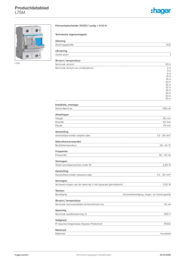 Afbeelding Hager Productdatablad L75M | Hager Nederland
