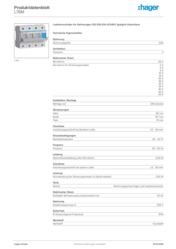 Bild Hager Produktdatenblatt L76M | Hager Deutschland
