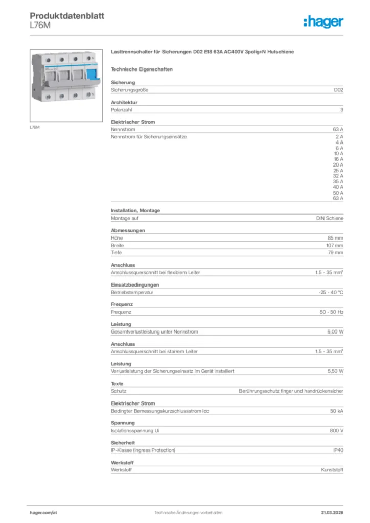 Bild Hager Produktdatenblatt L76M | Hager Deutschland