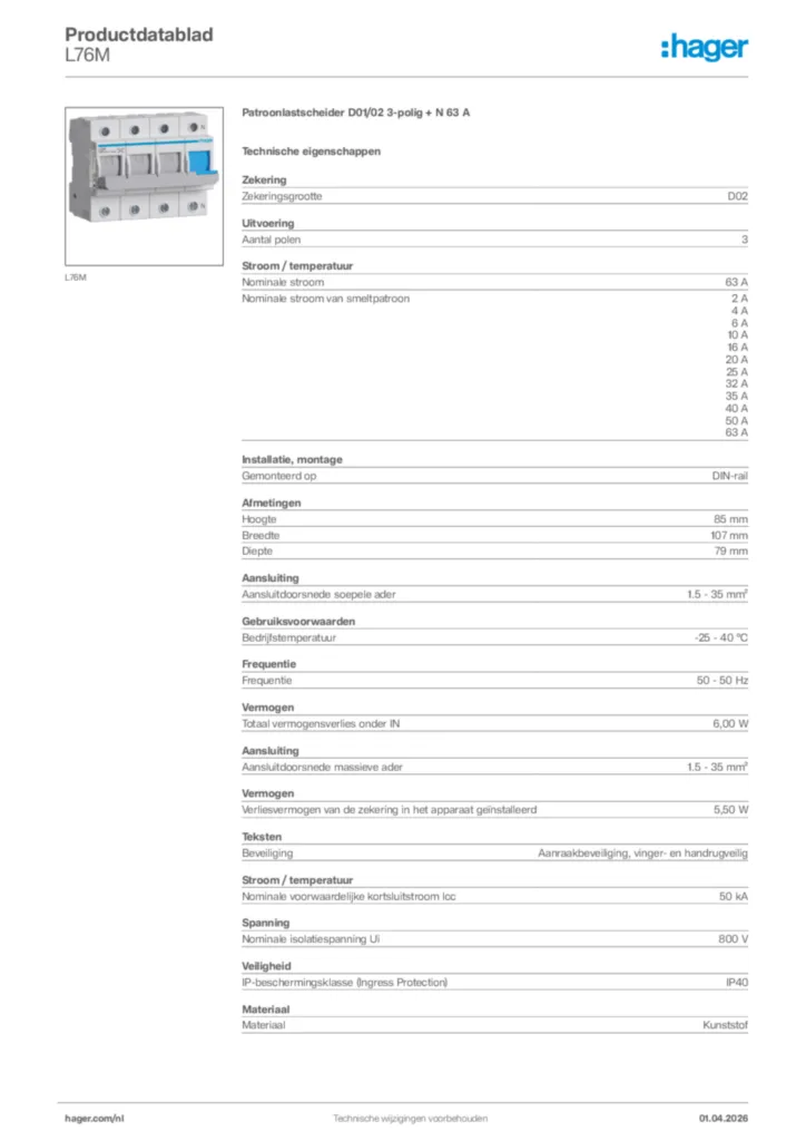 Afbeelding Hager Productdatablad L76M | Hager Nederland