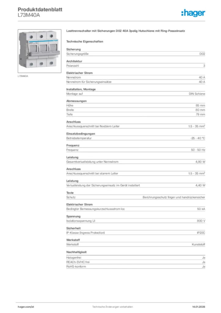 Bild Hager Produktdatenblatt L73M40A | Hager Deutschland