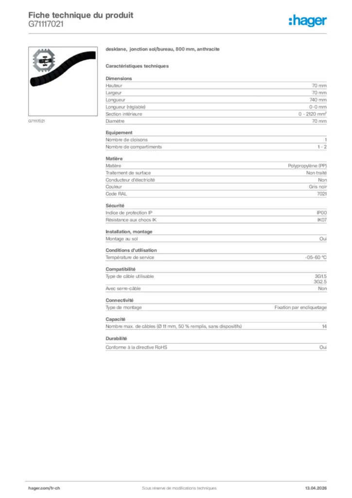 Image Hager Fiche technique du produit G71117021 | Hager Suisse