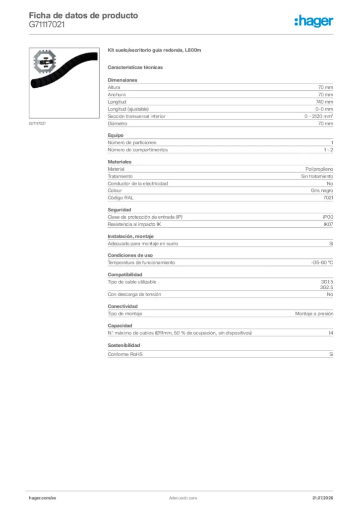 Imagen Hager Ficha de datos de producto G71117021 | Hager España