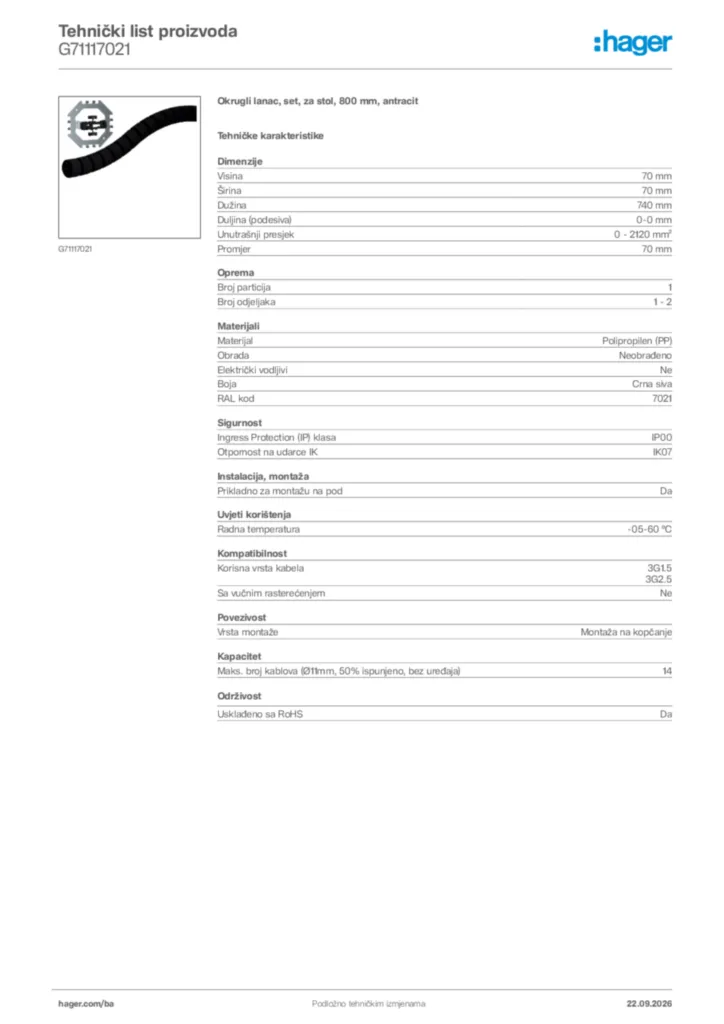 Slika Hager Tehnički list proizvoda G71117021  | Hager