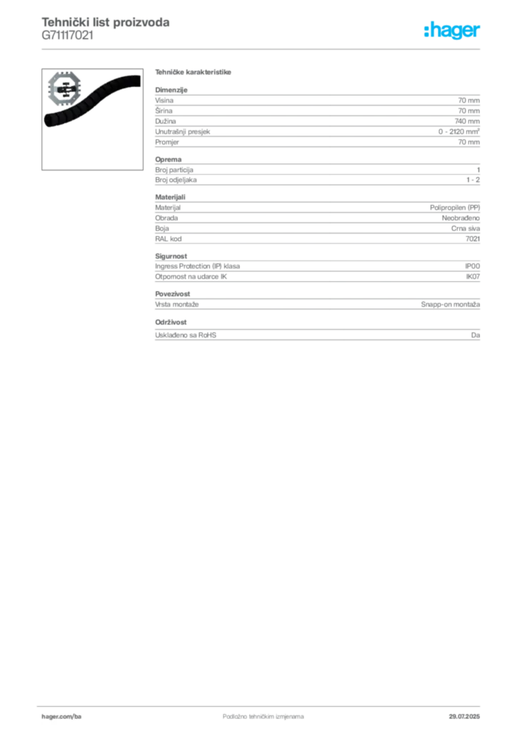 Slika Hager Product data sheet G71117021  | Hager