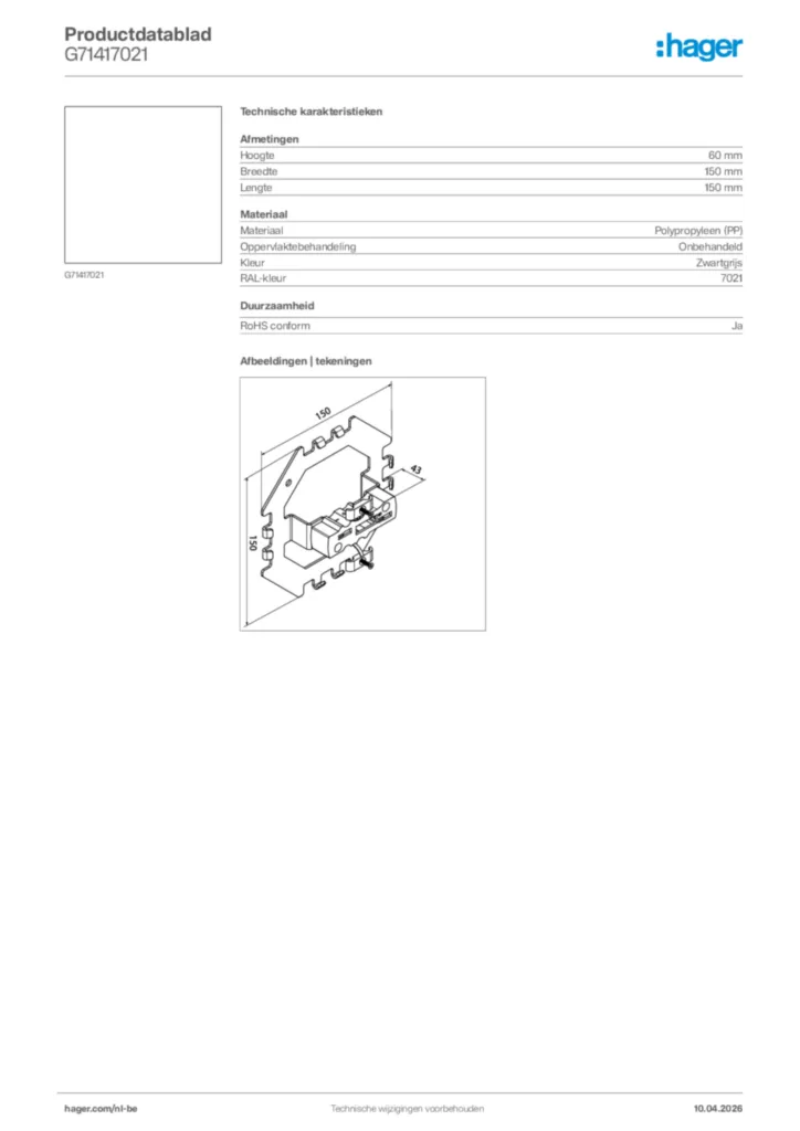 Afbeelding Hager Productdatablad G71417021 | Hager Belgium