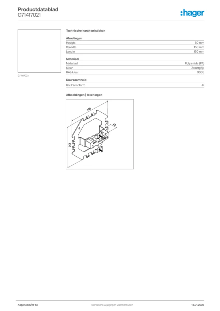 Afbeelding Hager Productdatablad G71417021 | Hager Belgium